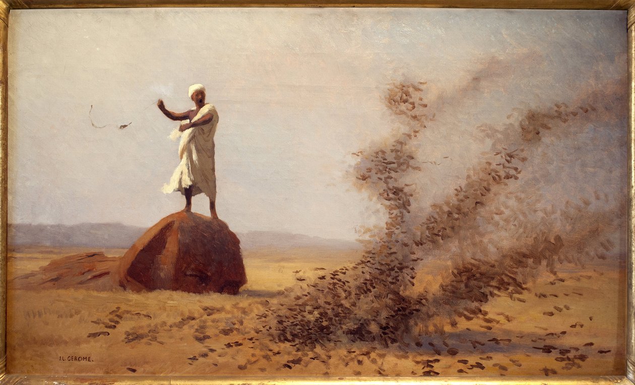 Araber skremmende for lerker. (Uferdig bord). Maleri av Jean Leon Gerome (1824-1904), olje på lerret, ca 1900. Fransk kunst tidlig på 1900-tallet, orientalisme. Museum of Vesoul. av Jean Leon Gerome