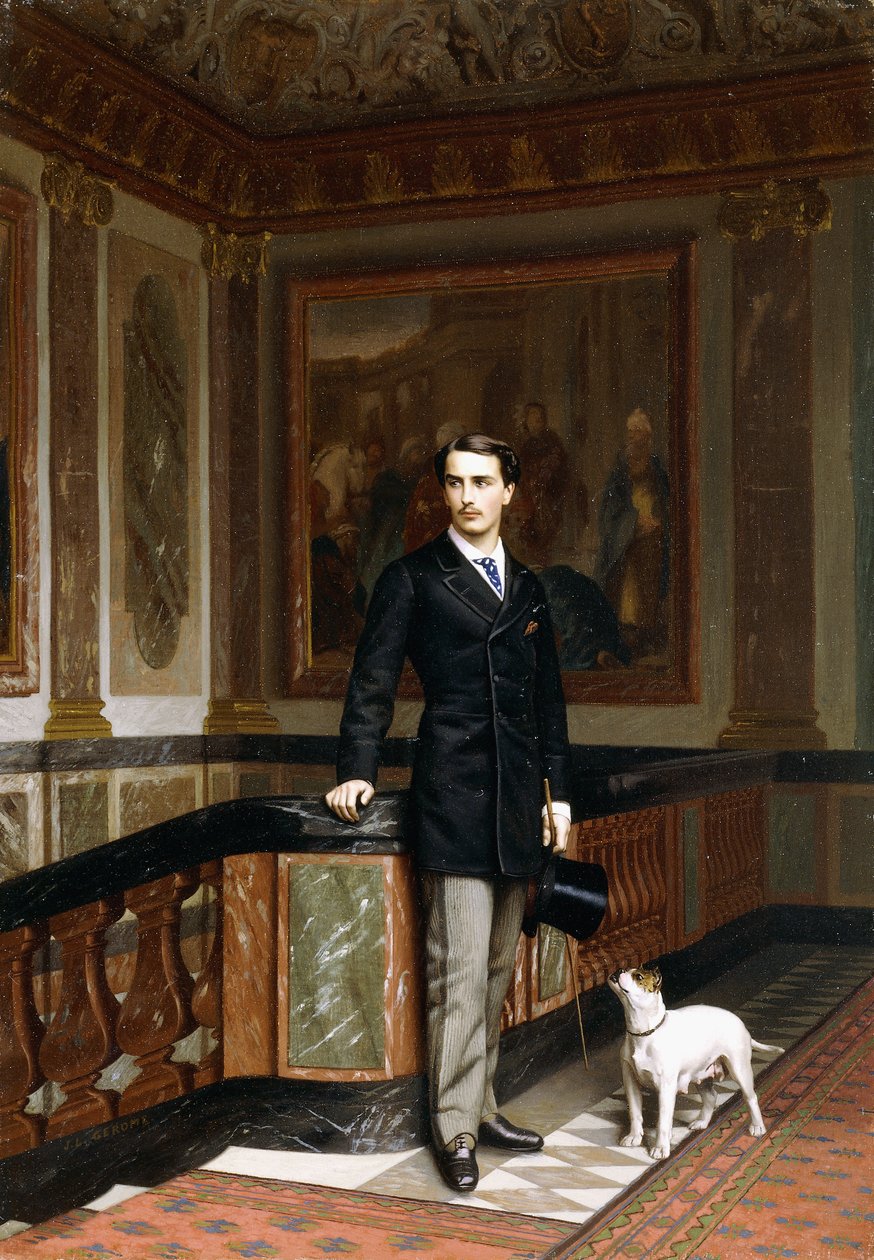 Fortelling om La Rouchefoucauld Duc de Doudeauville med sin terrier, ca. 1870-tallet av Jean Leon Gerome