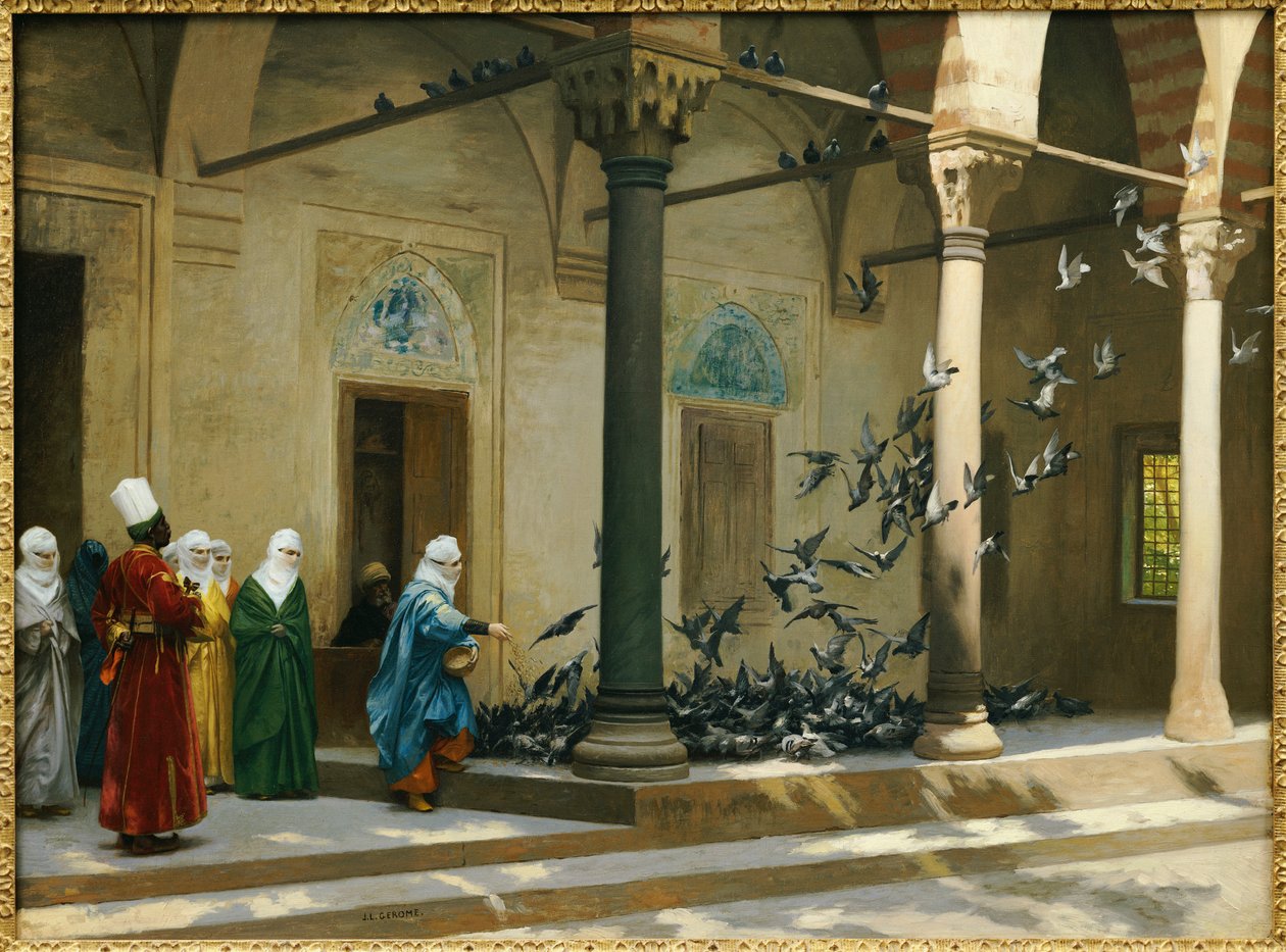 Harem kvinner mater duer i en gårdsplass av Jean Leon Gerome