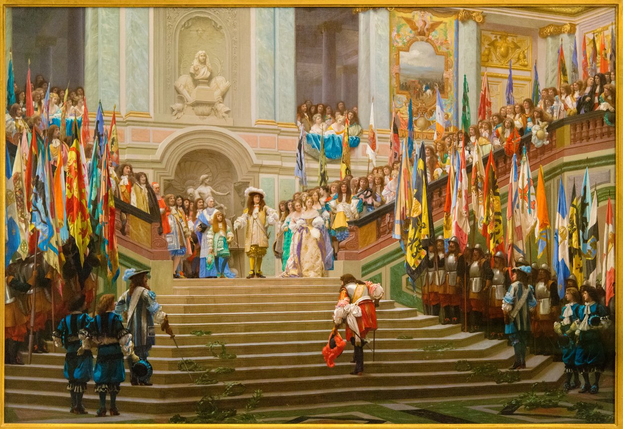 Mottak av Louis 2 de Bourbon Conde sa Grand Conde av kong Louis 14 a Versailles i 1674 av Jean Leon Gerome