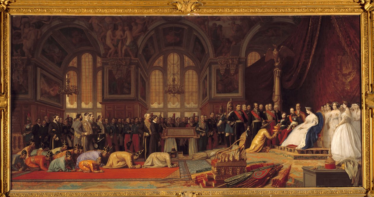 Mottakelse av Siam-ambassadører av Napoleon III og Impress Eugenie: I den store ballsalen Henri II av Chateau de Fontainebleau 27/06/1861, Maleri av Jean Leon (Jean-Leon) Gerome (1824-1904) av Jean Leon Gerome