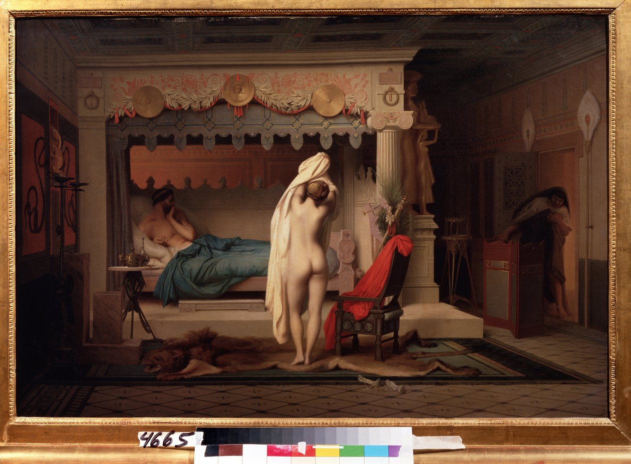 ""Representasjon av kongen av Lydie Candaules (eller Caudale)"" Kongen viser sin nakne kone til sin fortrolige Gyges, gjemt i skyggene mens hun kler av seg på soverommet. Maleri av Jean Leon Gerome (1824-1904) Etter 1859 Pushkin Museum, Mo av Jean Leon Gerome