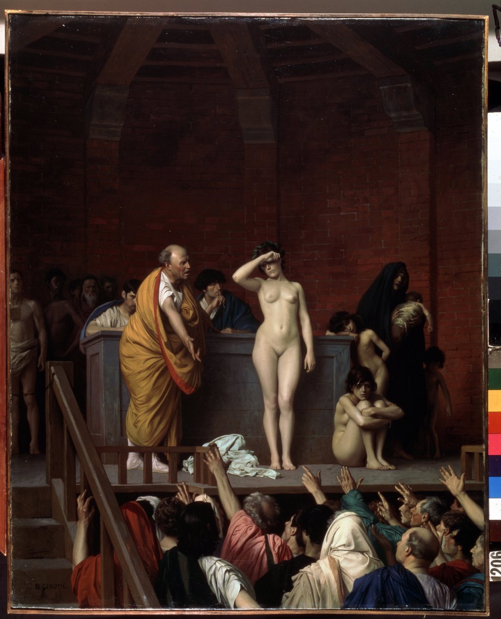 Antikkens Roma: ""Slavemarkedet i Roma"" (Slavemarkedet i Roma) En naken slave på en plattform selges, foran et publikum av kjøpere som løfter armene for å gi en pris. Maleri av Jean Leon Gerome (1824-1904) 1884 Mål 92x74 cm Museum of E av Jean Leon Gerome