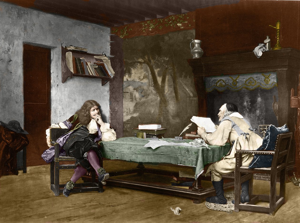 Forfatterne Jean-Baptiste (Jean Baptiste) Poquelin dit Moliere (1622-1673) og Pierre Corneille (1606-1684). 1800-tallet (litografi etter maleriet av Jean-Leon (Jean Leon) Gerome) av Jean Leon Gerome