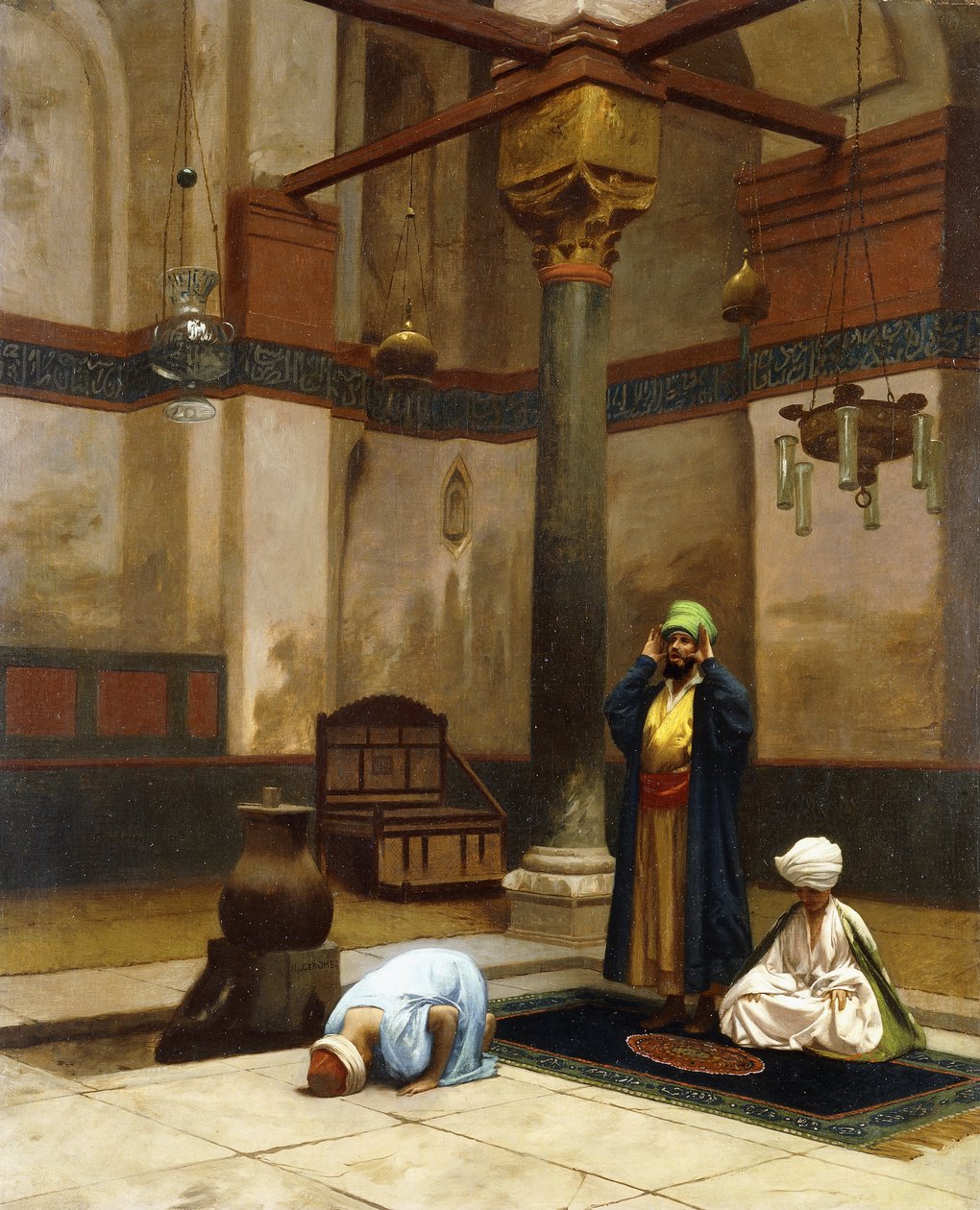 Tre personer ber i hjørnemoskeen; Tre skikkelser ber i et hjørne av en moske, av Jean Leon Gerome