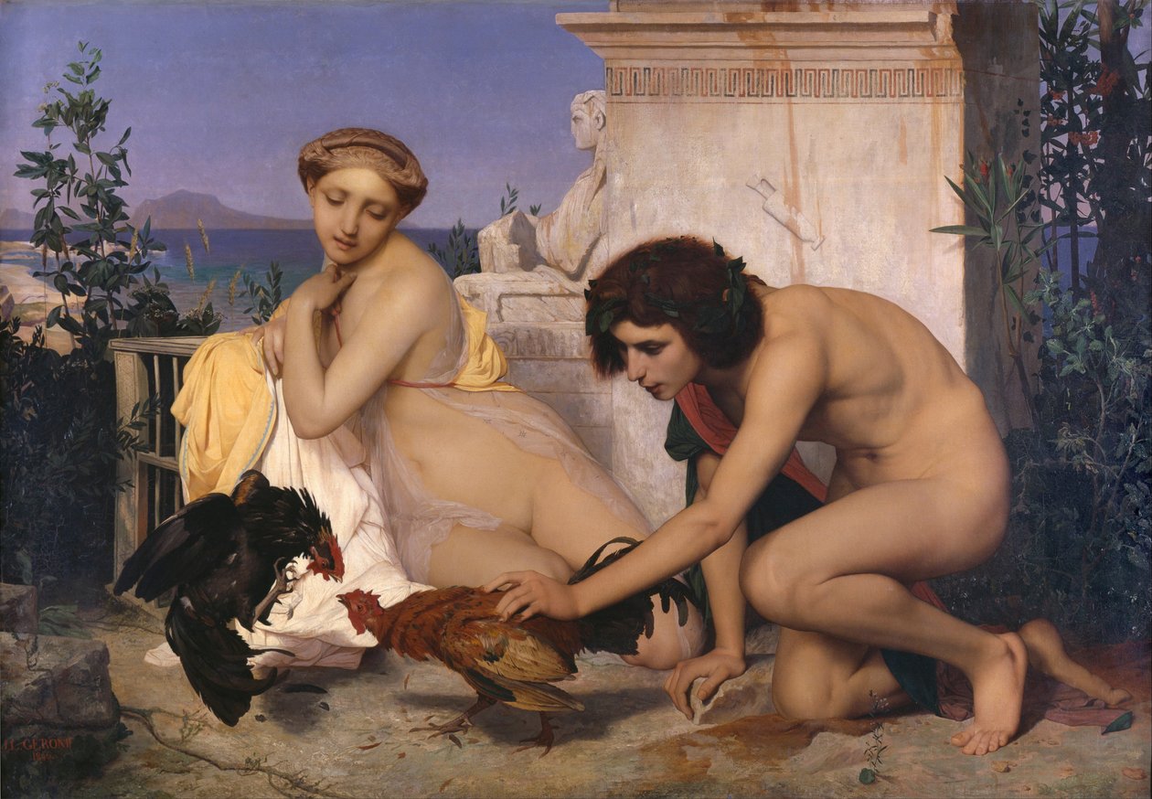 Unge grekere deltar i en hanekamp Hanekampen, 1846 av Jean Leon Gerome