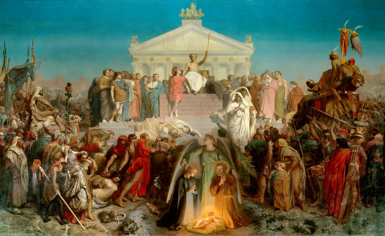 århundre i august: Vår Herre Jesu Kristi fødsel. Triumf av Augustus (Octavian eller Octavian, 63 BC-14 AD. JC), romersk keiser. Illustrasjon av verket «Histoire universelle 9eme epoque» av Jacques Benigne Bossuet (1627-1704). Maleri av Jean Leon Gerome av Jean Leon Gerome