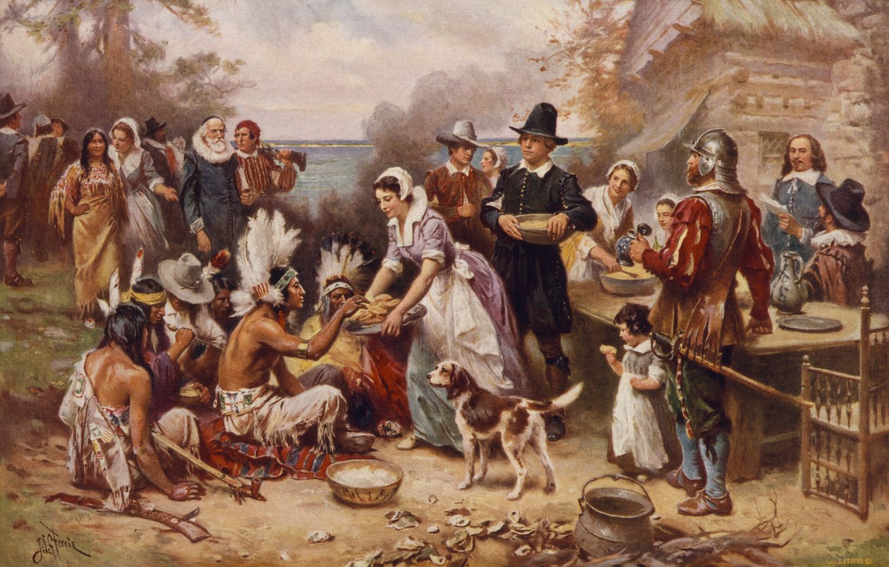 Den første Thanksgiving 1621, ca. 1932 (fotomekanisk trykk) av Jean Leon Gerome Ferris