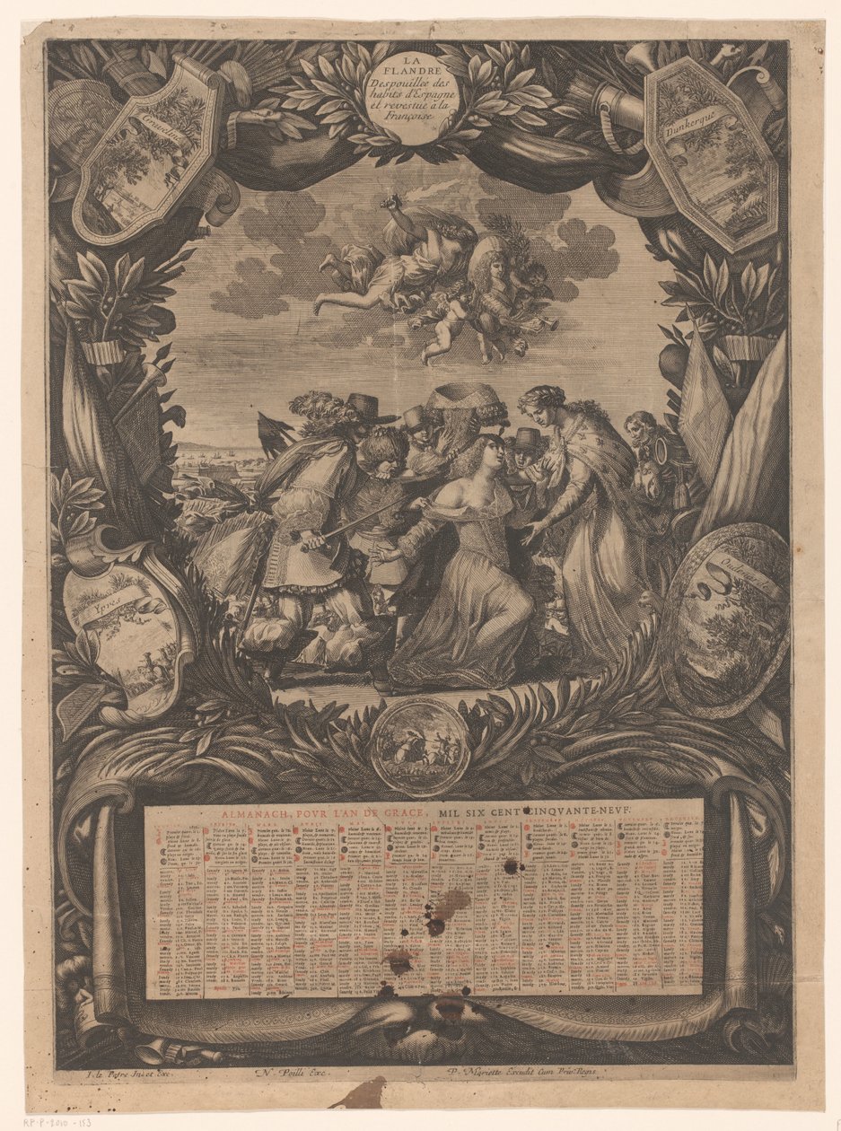 Kalender for 1659: Allegori om underkastelsen av Flandern til Ludvig XIV Kalender for 1659: Allegori om overgivelsen av Flandern til Ludvig XIV Almanach, pour l