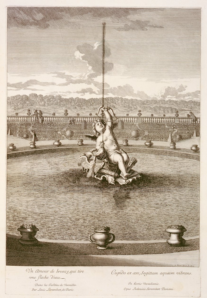 Fontene med amor som avfyrer en vannstrålepil, designet av Louis Lerambert, i Versailles, 1677 av Jean Lepautre