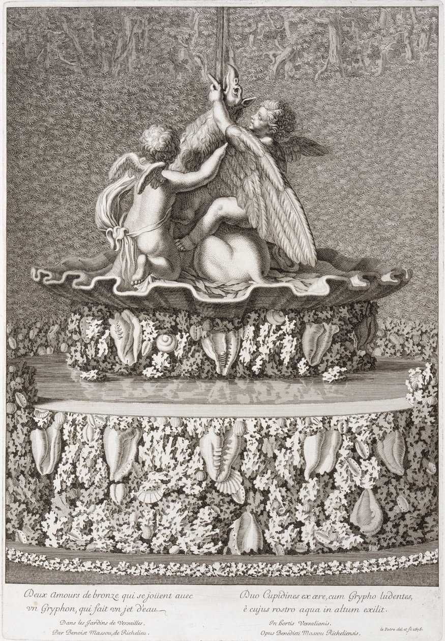 Fontene med to amoriner som leker med en gryphon, av Benoit Massou, i Versailles, 1676 av Jean Lepautre