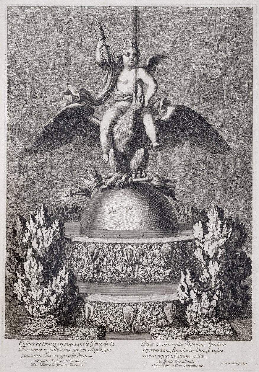 Fontener med et barn som representerer Genius of Royal Power av Pierre le Gros, i Versailles, 1677 av Jean Lepautre