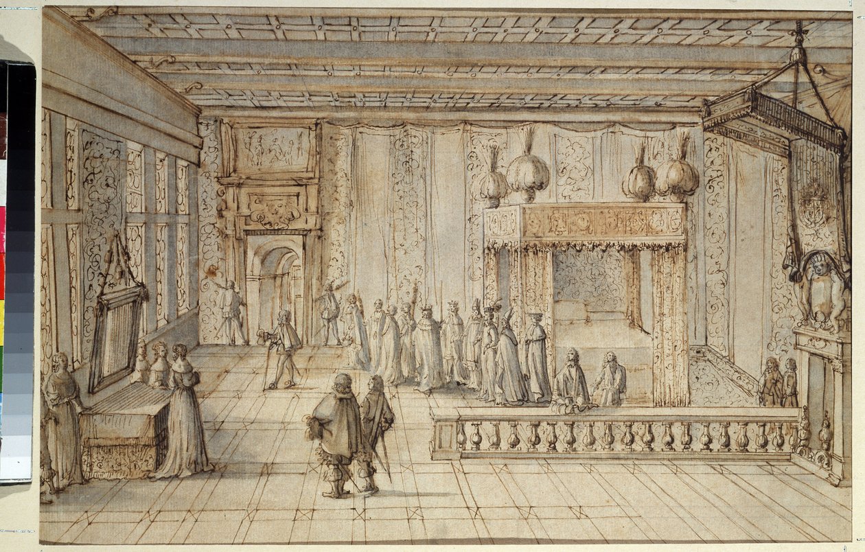 Soverommet til kong Louis XIV (1638-1715) i Versailles. Kammeret til kong Ludvig XIV i Versailles. Tegning av Jean Le Pautre (1618-1682) av Jean Lepautre