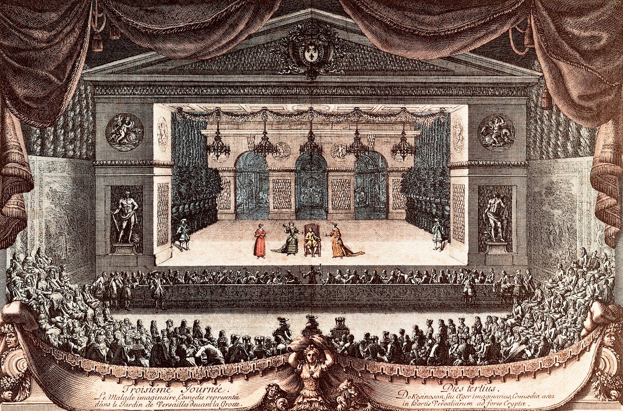 "Le malade imaginaire" (The Imaginary Invalid) av Jean Baptiste Poquelin dit Moliere i Versailles (farget gravering) av Jean Lepautre