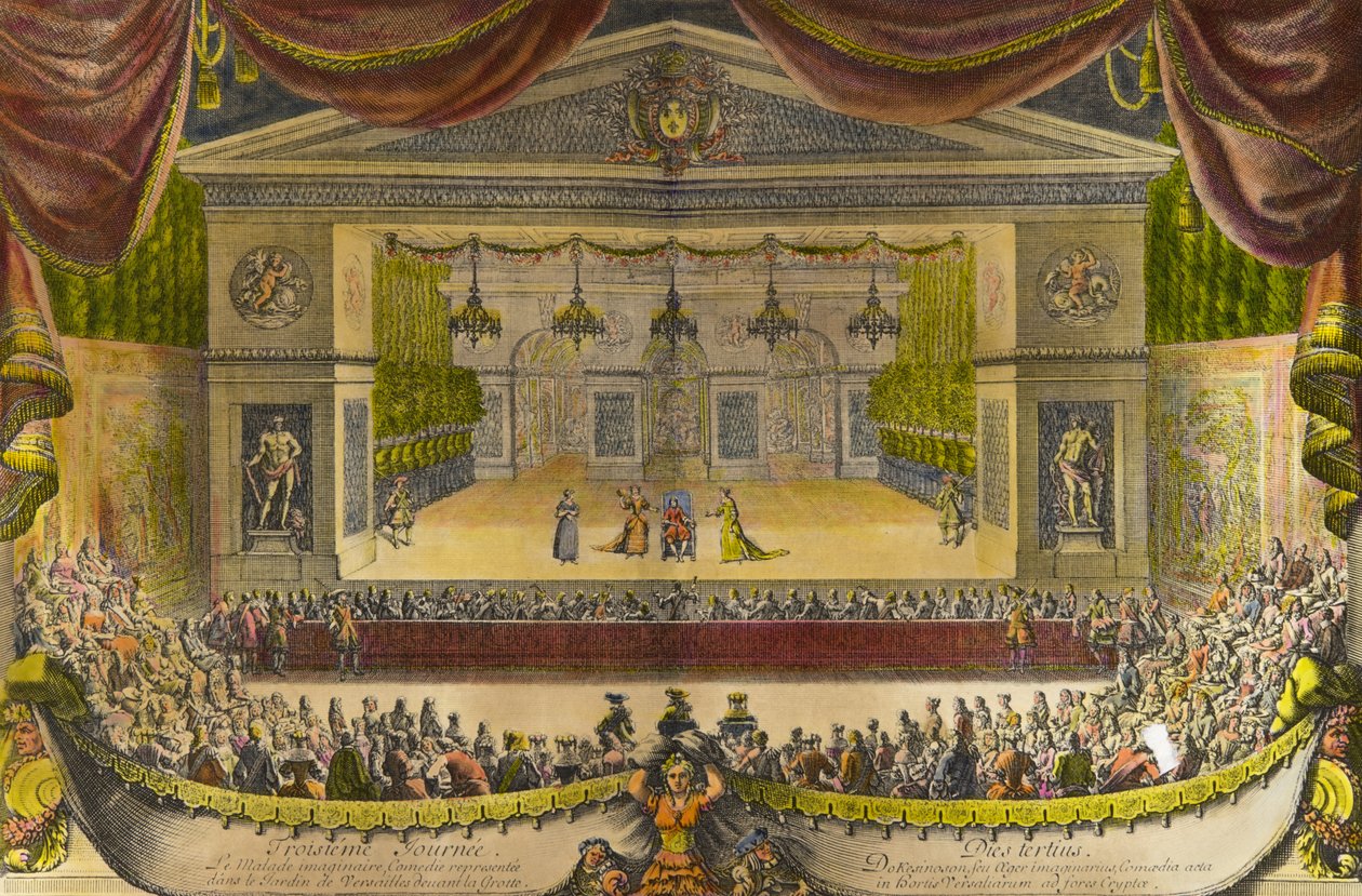Representasjon av de imaginære syke i Versailles Representasjonen av stykket av Jean Baptiste Poquelin dit Moliere (1622-1673) foran grotten til Thetis (Thetys) i Versailles hager i nærvær av kong Ludvig XIV, plass i sentrum av Jean Lepautre