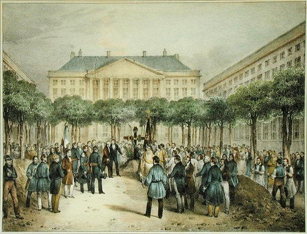 Begravelse av revolusjonære på Place des Martyres de la Liberte, Brussel, 2. oktober 1830, gravert av A.M. Jobard (fl.1820-20) (farge litho) av Jean Louis (after) Van Hemelryck