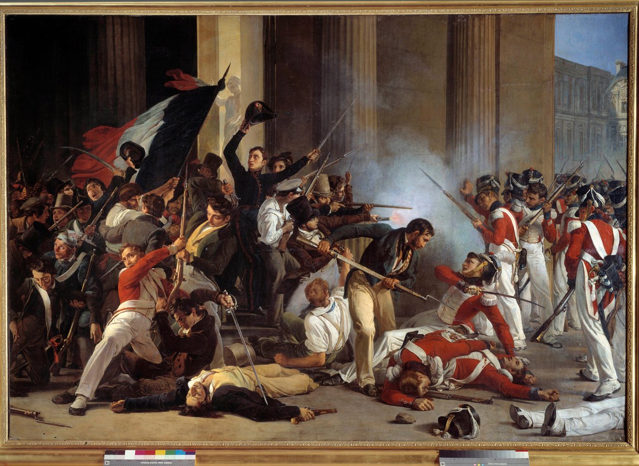 Revolusjon av 1830: "" Under de tre herlighetene, prize du louvre le 29/07/1830 et massacre des guards swiss"" Maleri av Jean Louis Bezard (1799-après 1861) 1830 Søn. 1,76 x 2,45 m Paris, musee Carnavalet - revolusjon av 1830: "" Taking av Louvre a av Jean Louis Bezard