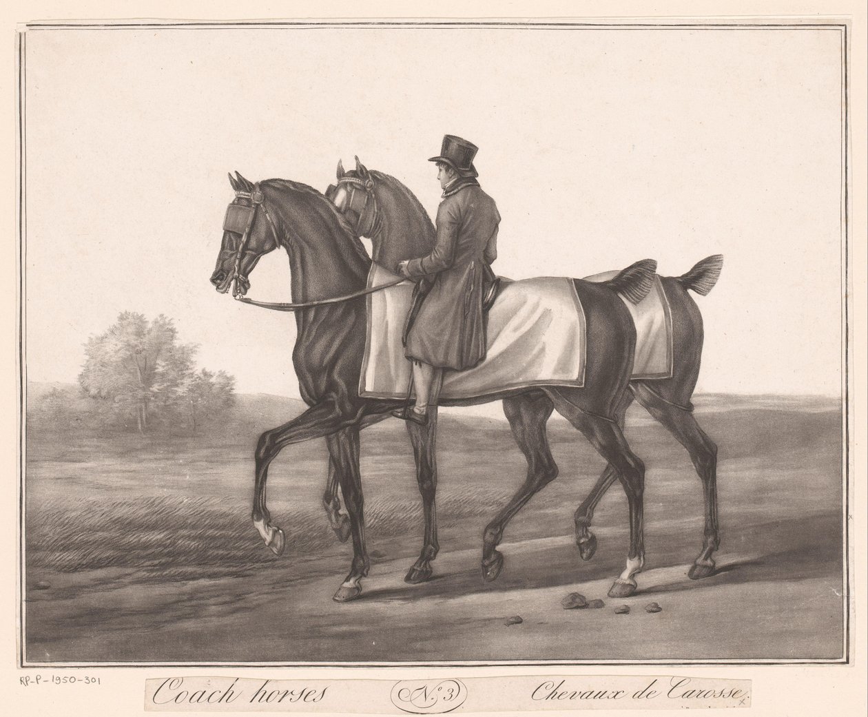 Rytter følger med to hester Chevaux de Carosse (tittel på objekt) av Jean Louis Darcis (attributed to)