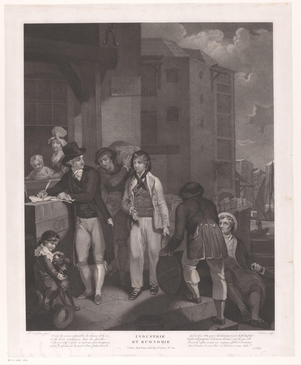Gruppe med figurer foran et lager i en havn Industri og økonomi (tittel på objekt) av Jean Louis Darcis