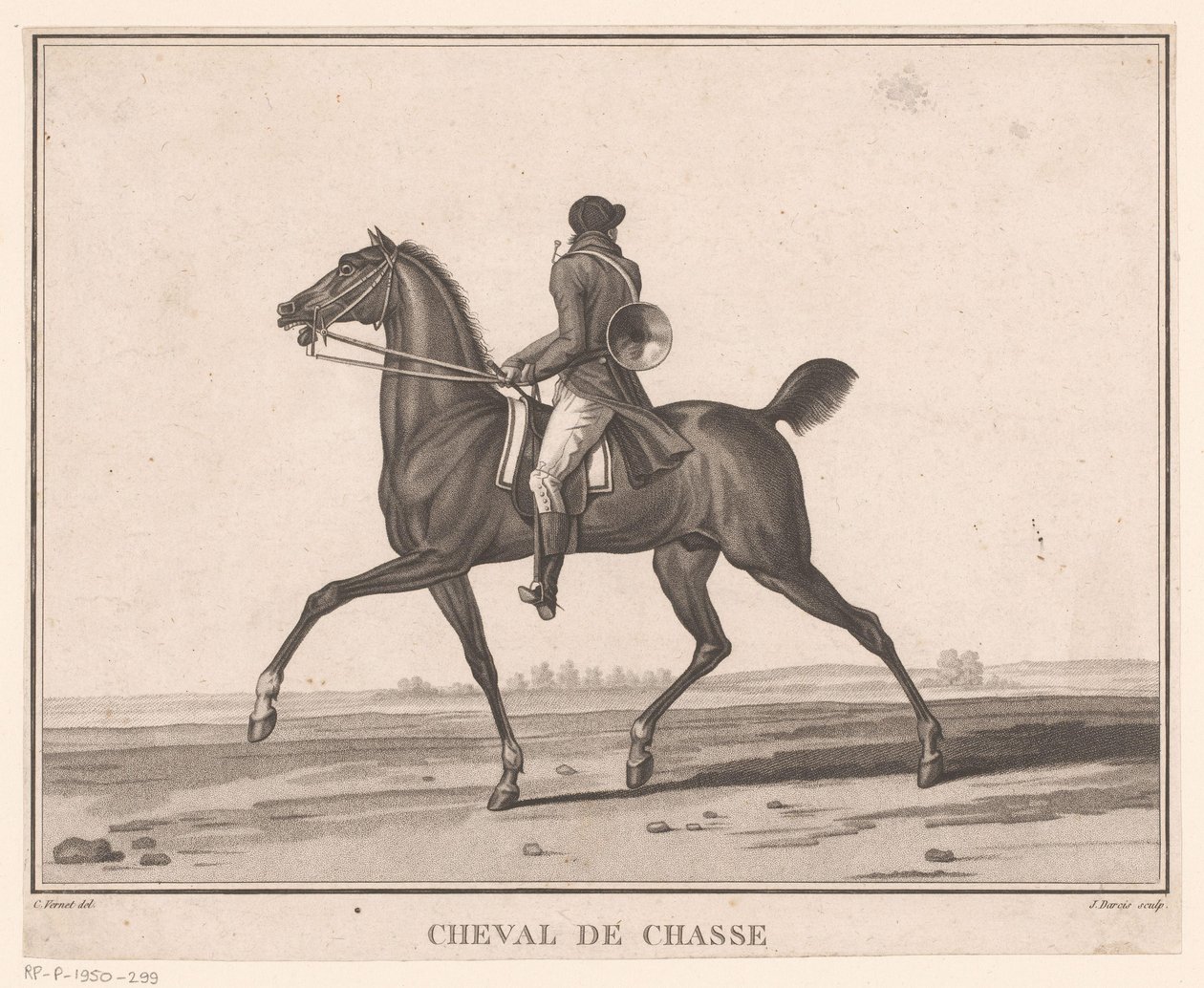 Rytter til hest med jakthorn Cheval de Chasse (tittel på objekt) Sujets de chevaux (serietittel) av Jean Louis Darcis