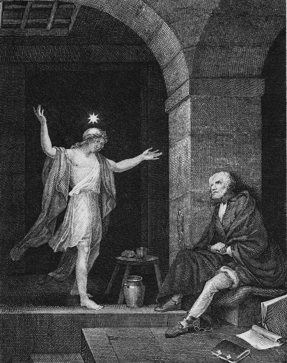 Hesper dukker opp for Columbus i fengselet, 1800-tallet. av Jean Louis Delignon