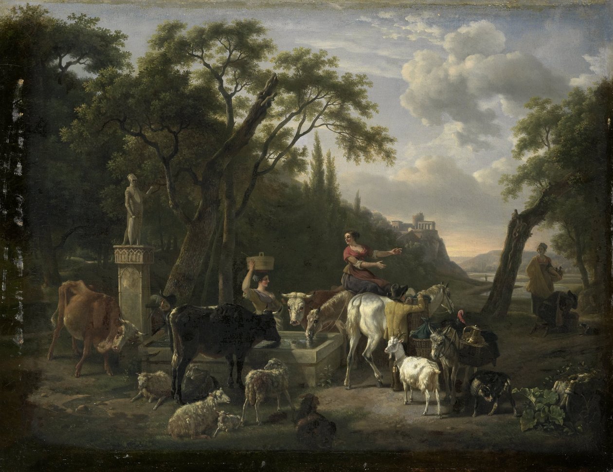 Italiensk landskap med hyrder og dyr ved en fontene av Jean Louis Demarne
