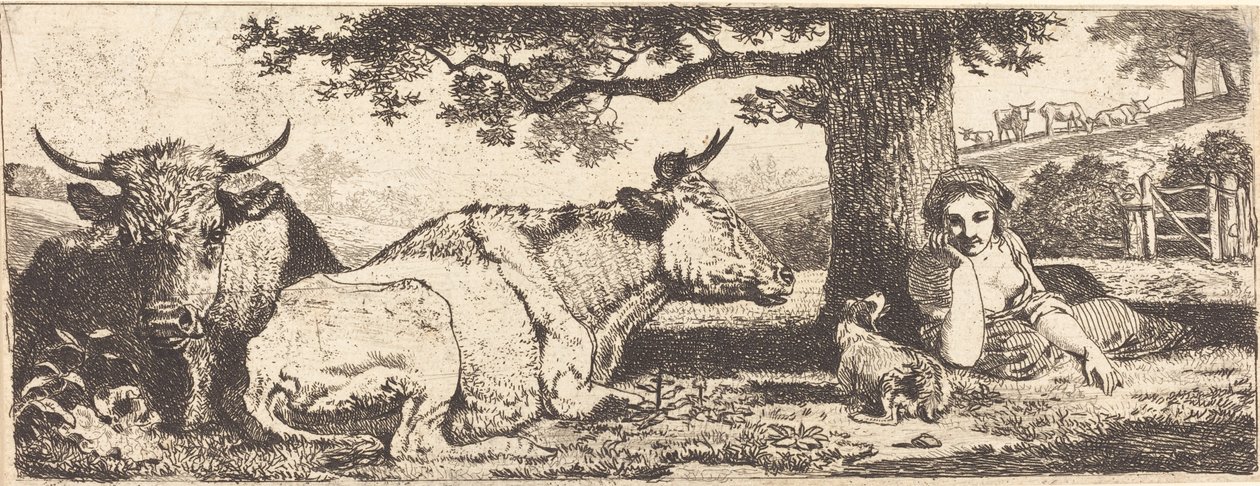 To kyr og en kvinne som ligger av Jean Louis Demarne