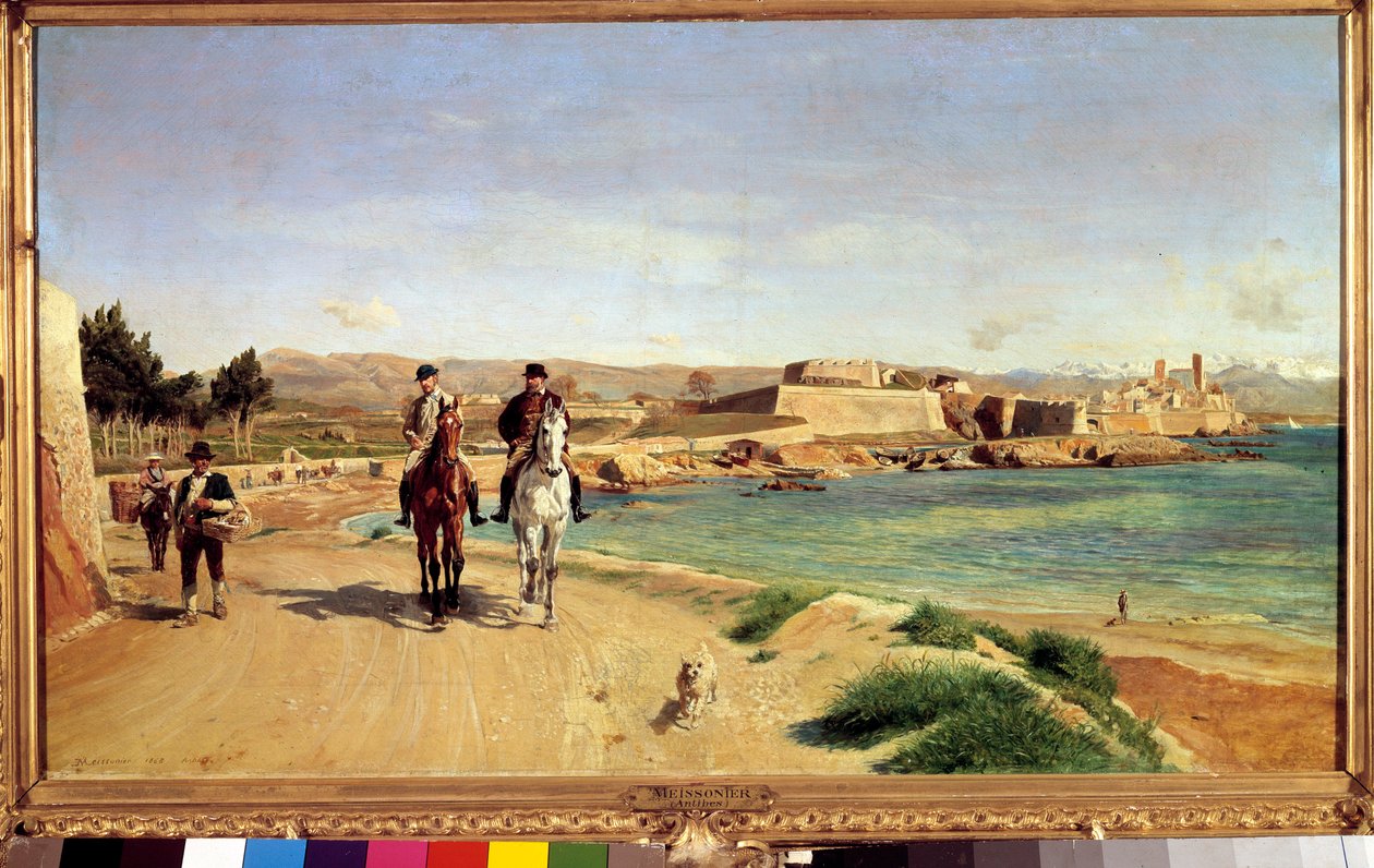 Antibes, rideturen. Kunstneren og hans sønn Charles (1848-1917), maler. Maleri av Ernest Meissonier (1815-1891) av Jean Louis Ernest Meissonier