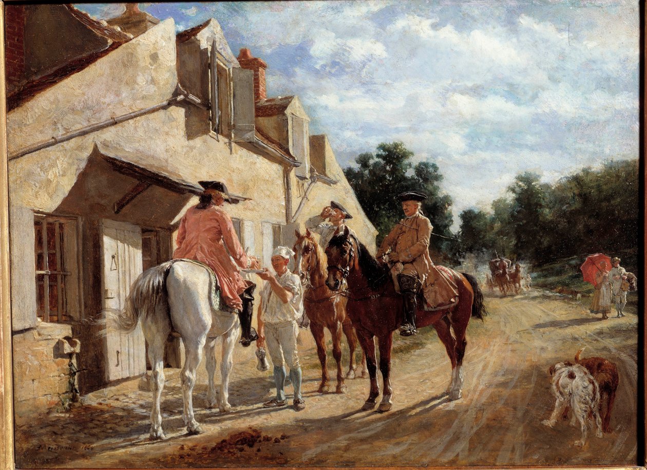 Au Tourne-bride, også kjent som Tournebride og Boys of Saint-Germain Horsemen tar en pause i en stafett i skogen Saint Germain og Laye. Maleri av Jean-Louis-Ernest Meissonier (1815-1891) 1860. Søn 0,17x0,23 m Paris, Musée d