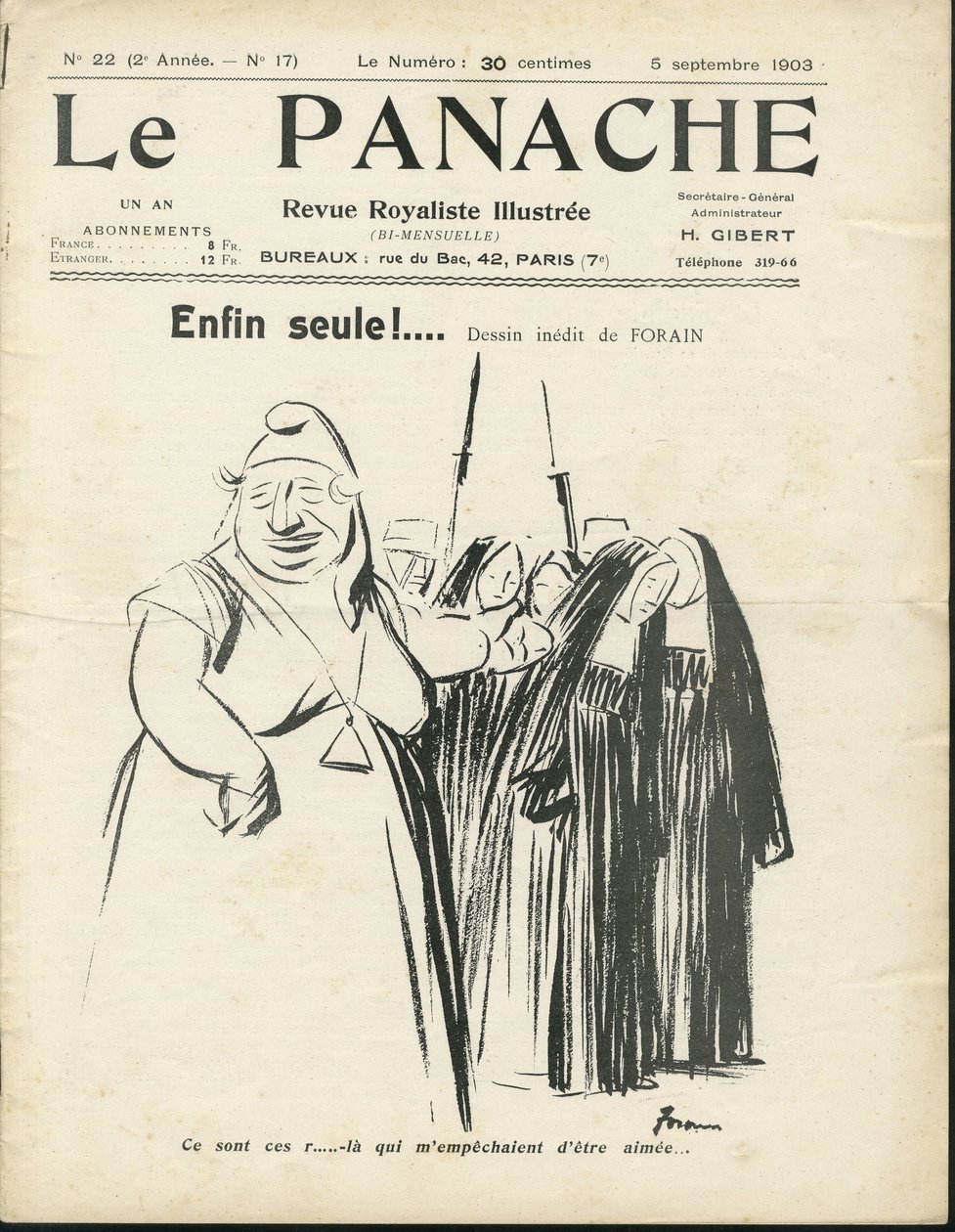 Illustrasjon av Jean-Louis Forain (1852-1931) for omslaget til Le Panache, royalistmagasinet illustree, nr. 20 av Jean Louis Forain