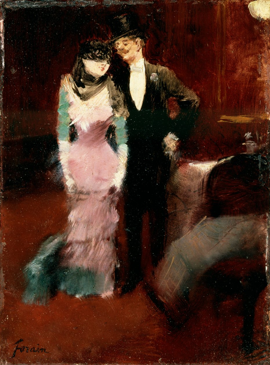 Å forlate et maskeradeball på Paris Opera, slutten av 1800- eller begynnelsen av 1900-tallet. av Jean Louis Forain