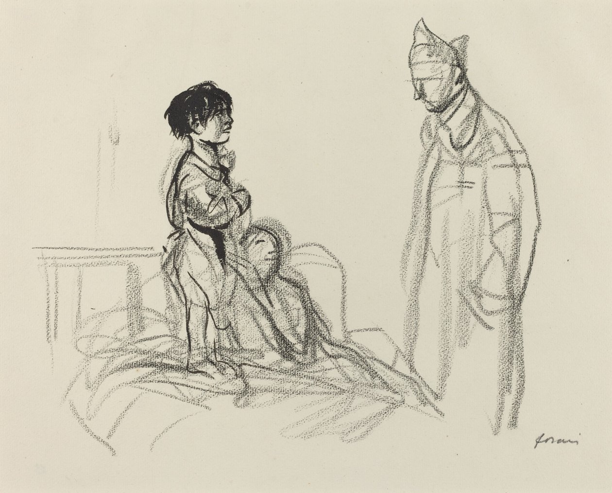 Mor og barn besøkt av soldat på sykehus, ca. 19141919. av Jean Louis Forain