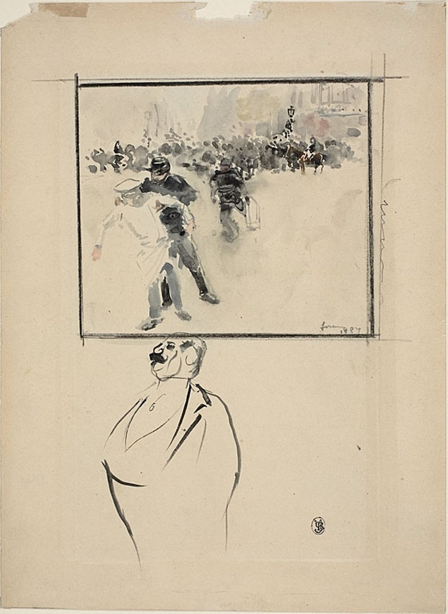 Skisser av en innrammet opprørsscene og av en mann (recto); Kvinne med panser (verso) av Jean Louis Forain