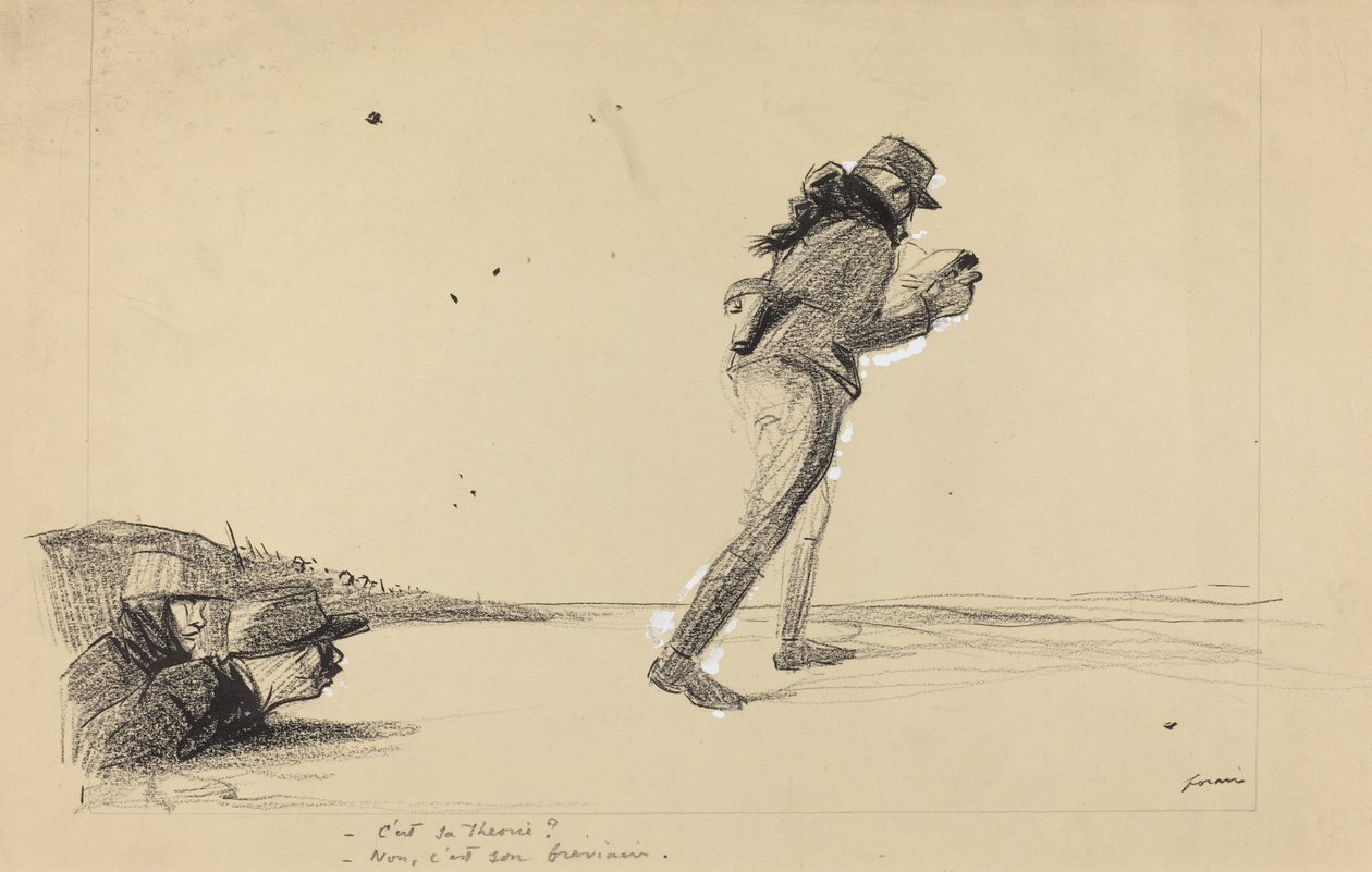 På forsiden. - Det er hans teori - Nei, det er brevet hans., ca. 19141919. av Jean Louis Forain