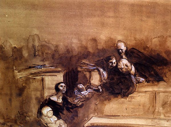 The Hopeless Lawsuit (penn og vask med hvit forhøyning på papir) av Jean Louis Forain