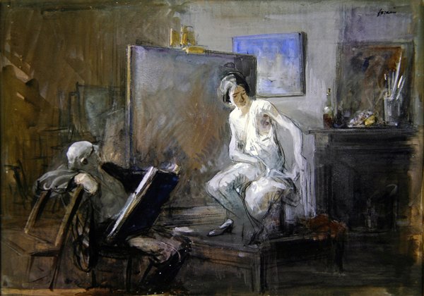 Maleren med sin modell (kritt og gouache) av Jean Louis Forain