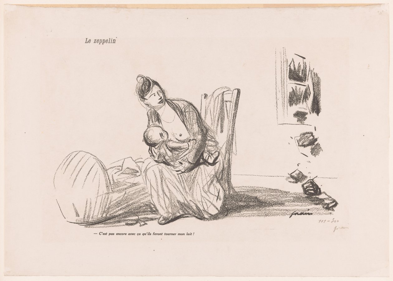 Kvinne ammer mens vinduene er knust Le zeppelin (tittel på objekt) av Jean Louis Forain