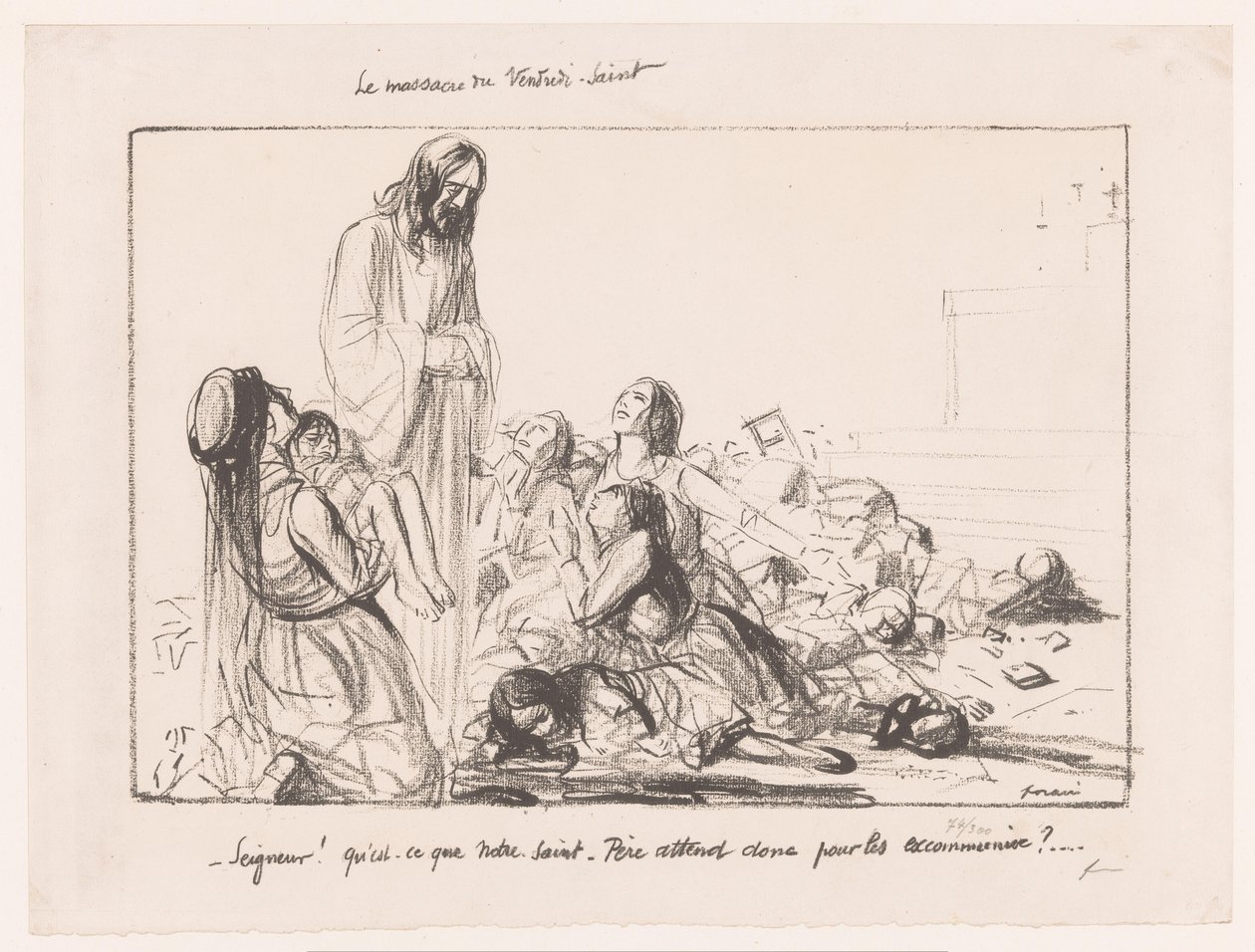 Kvinner i bombet kirke fordømmer Kristus Le massacre du Vendredi-Saint (tittel på objekt) av Jean Louis Forain