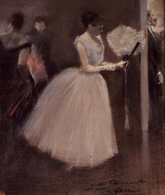 Kvinne i hvitt med vifte, ca. 1884 av Jean Louis Forain