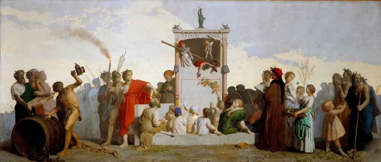 Dante Alighieri, Kynikeren Diogenes, Sokrates og Homer er blant publikum. Maleri av Jean Louis Hamon (1821-1874) av Jean Louis Hamon