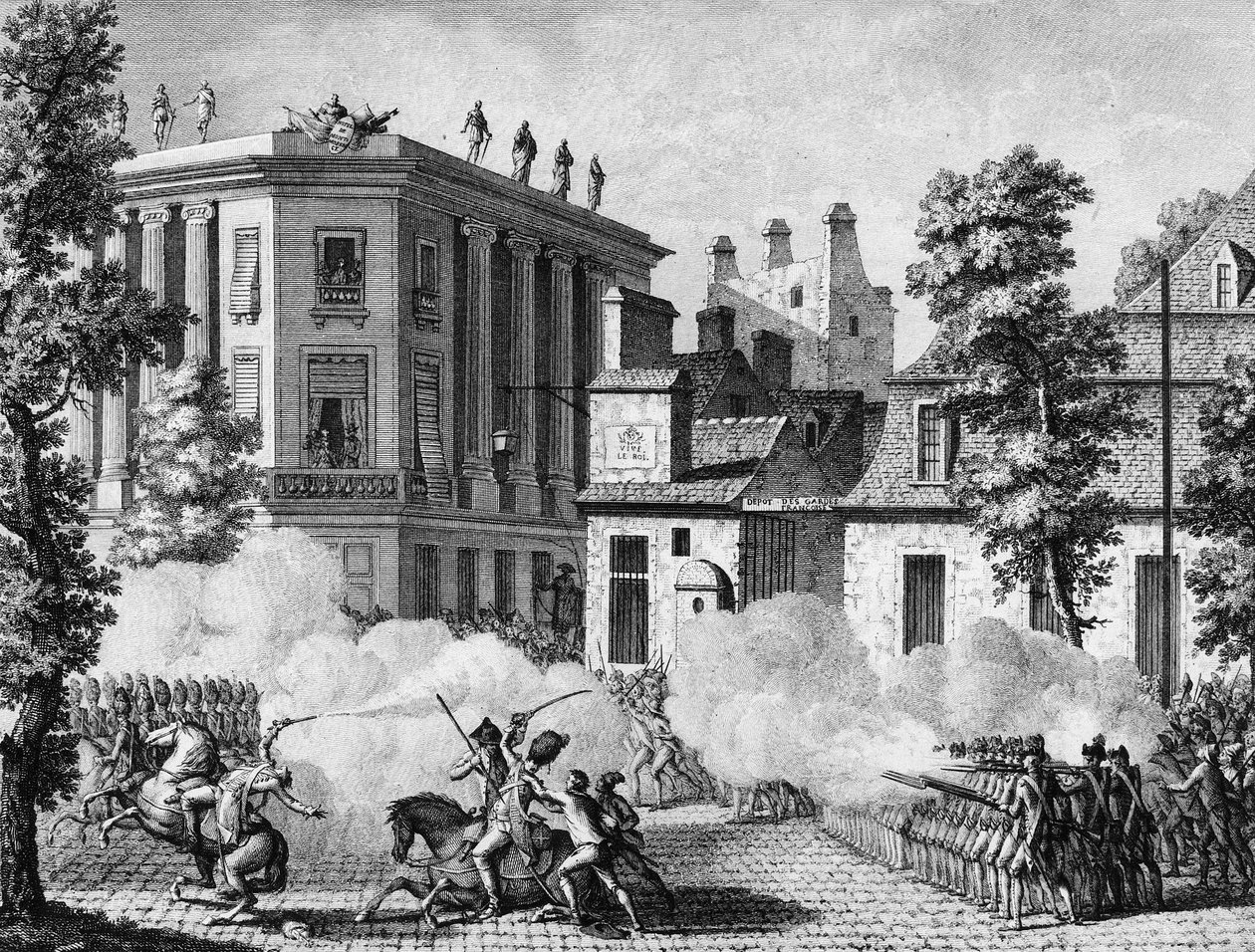 Fransk revolusjon: Aksjon mellom den tyske kongelige og de franske garde foran det franske gardedepotet 12. juli av Jean Louis II (after) Prieur