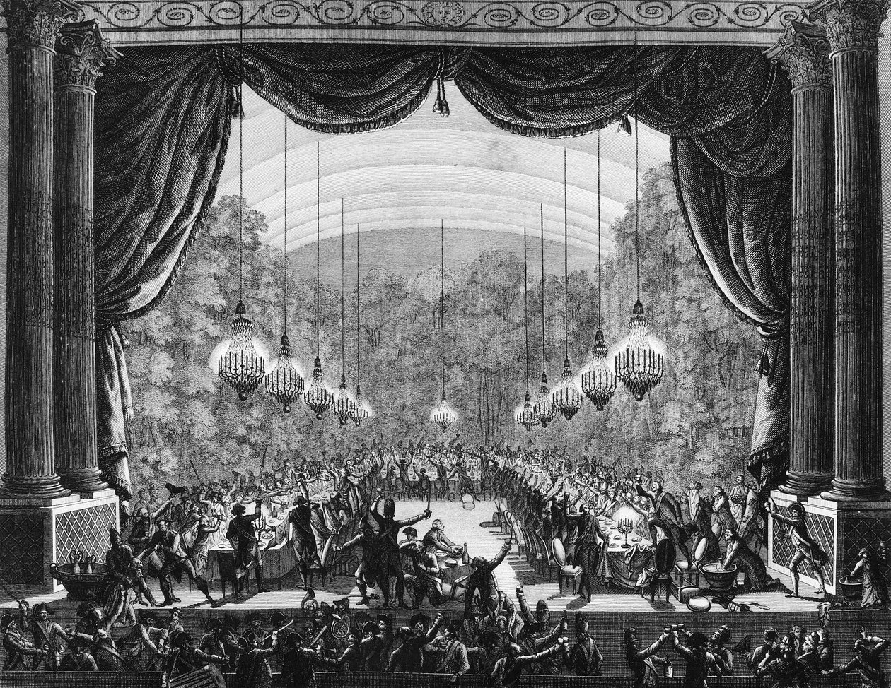 Den franske revolusjonen: Bankett for livvaktene 1. oktober 1789 i operarommet på slottet i Versailles for å feire ankomsten av kameratene deres fra regimentet i Flandern. Gravering av Berthaut etter Prior. Paris, bibliotek ved Institute of His av Jean Louis II (after) Prieur