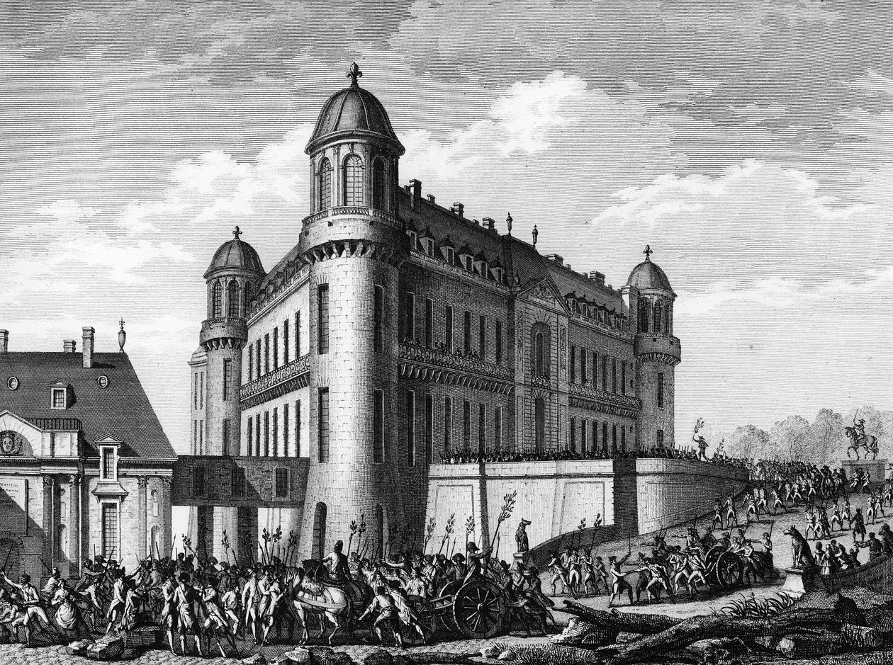 Fransk revolusjon: Canon brakt til Chateau de Chantilly i Paris 9. august av Jean Louis II (after) Prieur
