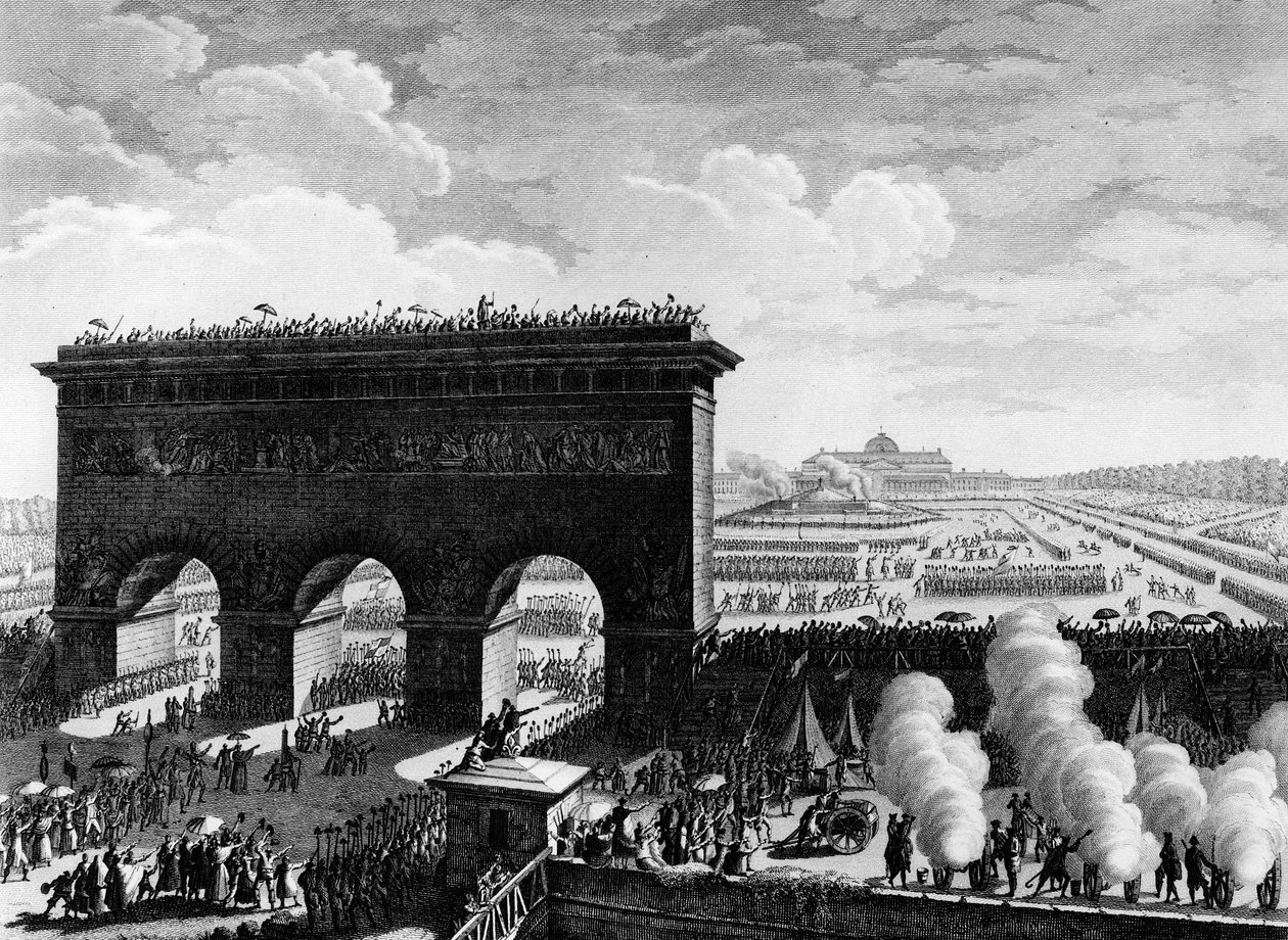 Den franske revolusjonen: Forbundets fest 14. juli 1790 på Champs de Mars i Paris. Gravering av Berthaut etter Prior. Paris, bibliotek ved Institutt for revolusjonshistorie av Jean Louis II (after) Prieur