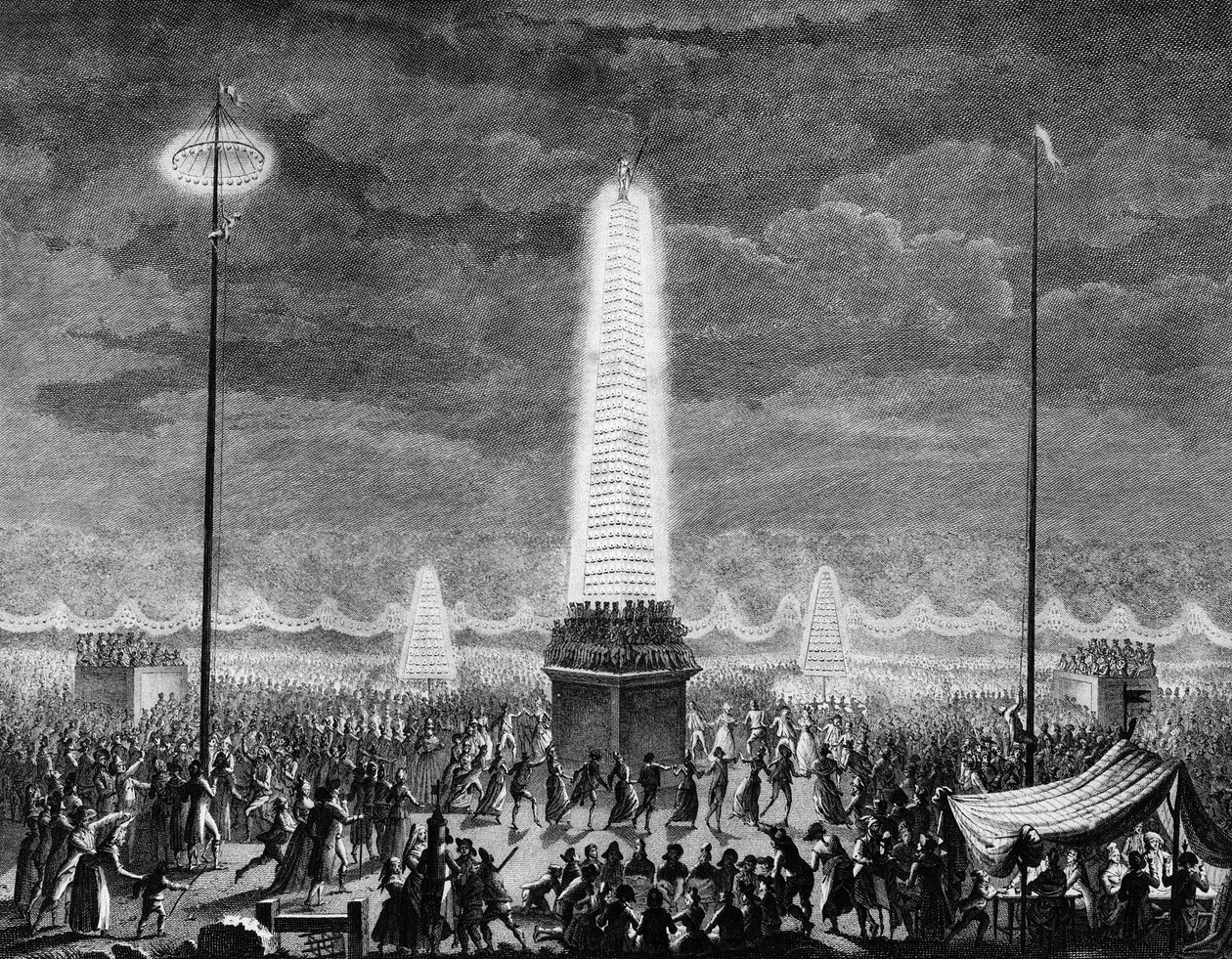 Den franske revolusjonen: Festivaler og belysninger på Champs Elysees i Paris 18. juli av Jean Louis II (after) Prieur