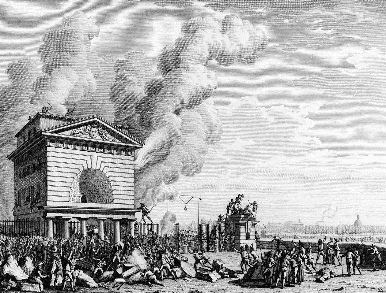 Fransk revolusjon: Brann av barrieren til konferansen i Paris 12. juli 1789. Gravering av Berthaut etter Prior. Paris, Bibliotheque of Institut d