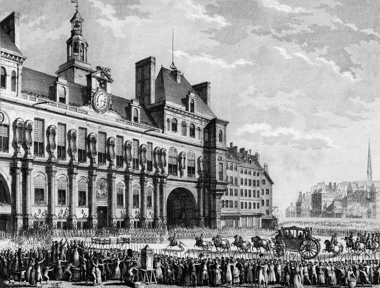 Fransk revolusjon: Kong Ludvig XVI (1754-1793) ankom rådhuset i Parsi 17. juli av Jean Louis II (after) Prieur