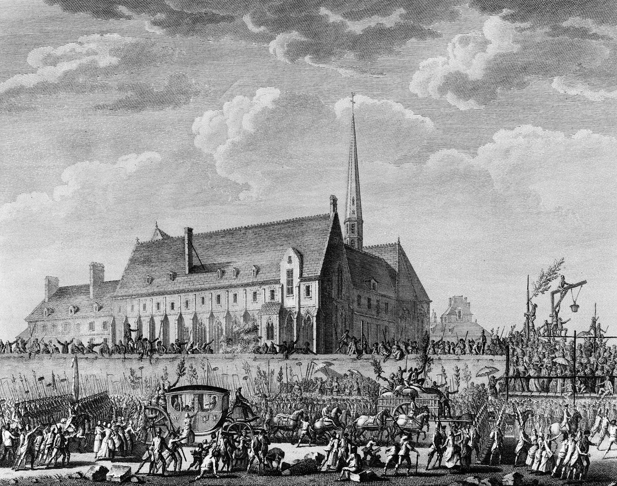 Fransk revolusjon: Kong Louis XVI ankommer med familien sin (Marie Antoinette, delfinen Louis Charles av Frankrike eller Louis XVII og Marie Therese kjent som "Madame Royale") til Paris 6. oktober av Jean Louis II (after) Prieur