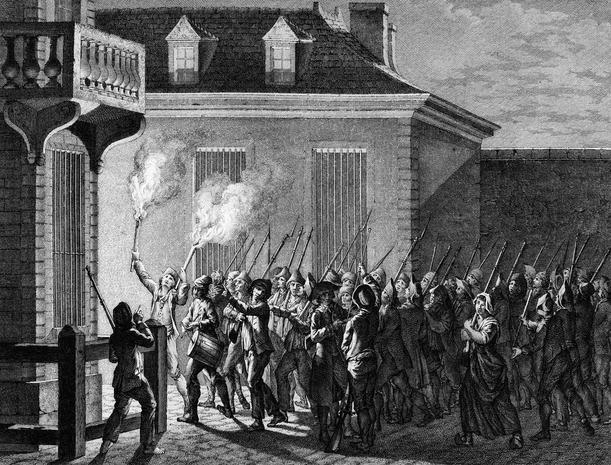 Den franske revolusjonen: Paris-vakt av folket natten 12. til 13. juli 1789. Gravering av Berthaut etter Prior. Paris, bibliotek ved Institutt for revolusjonshistorie av Jean Louis II (after) Prieur