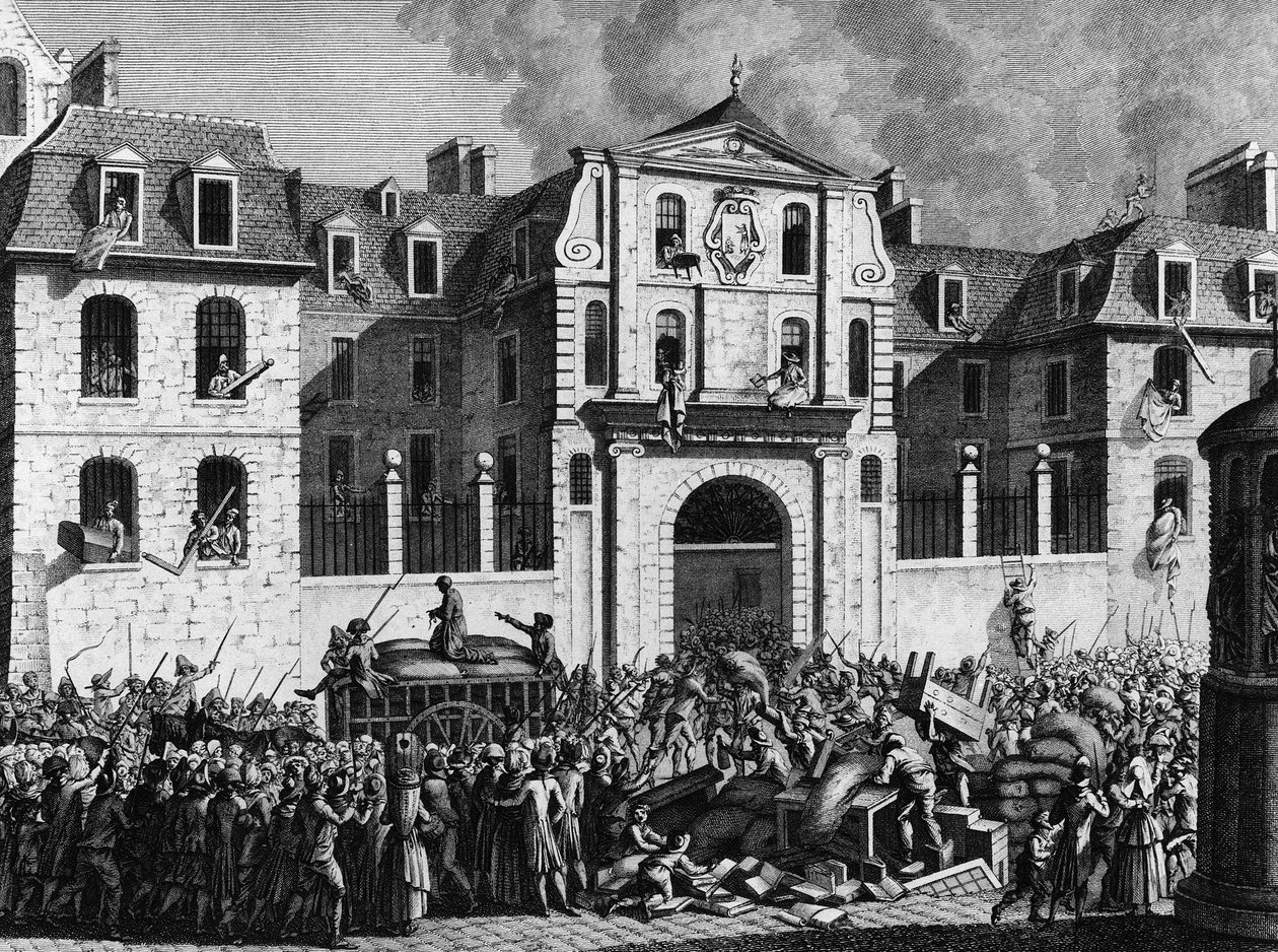 Fransk revolusjon: Plyndring av huset Saint Lazare i Paris mandag 13. juli 1789 av de revolusjonære. Gravering av Berthaut etter Prior. Paris, bibliotek ved Institutt for revolusjonshistorie av Jean Louis II (after) Prieur